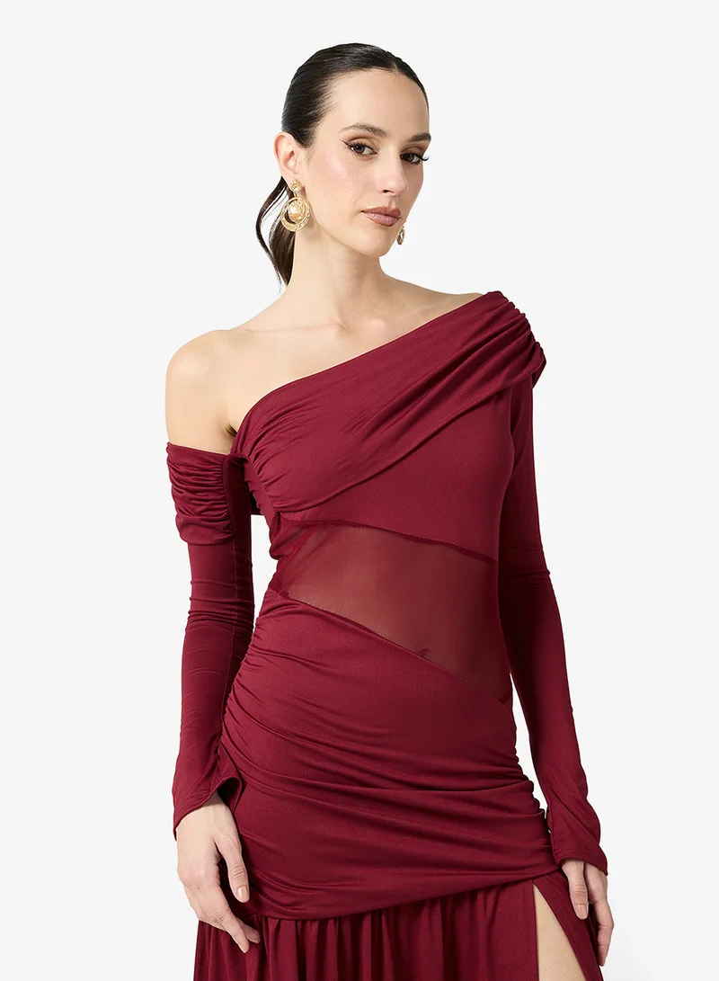Ella  Asymmetric Neck Dress With Sheer Waist for Women | Best Price UAE